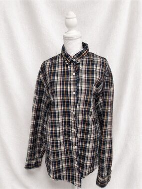 J. Crew Navy Plaid Button-Up Shirt with Cream and Yellow